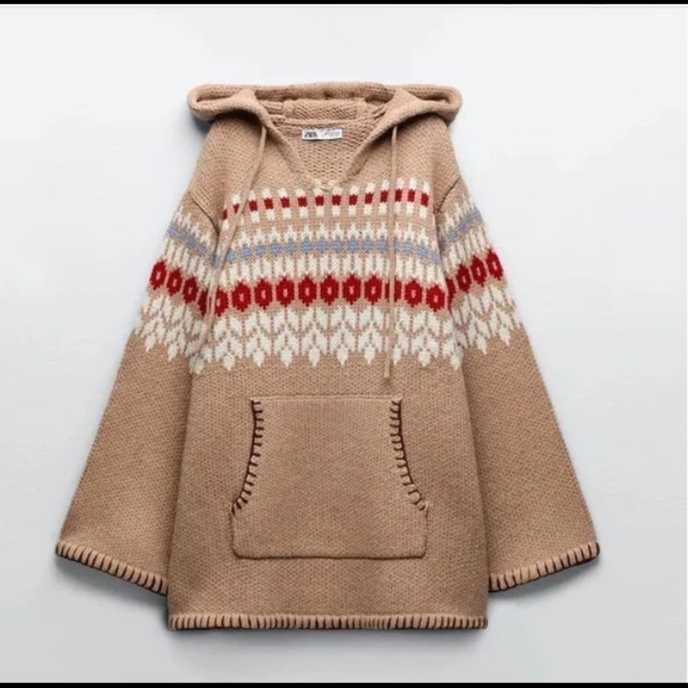 Zara wool blend pullover poncho Sweater hooded neutral colors jacquard winter